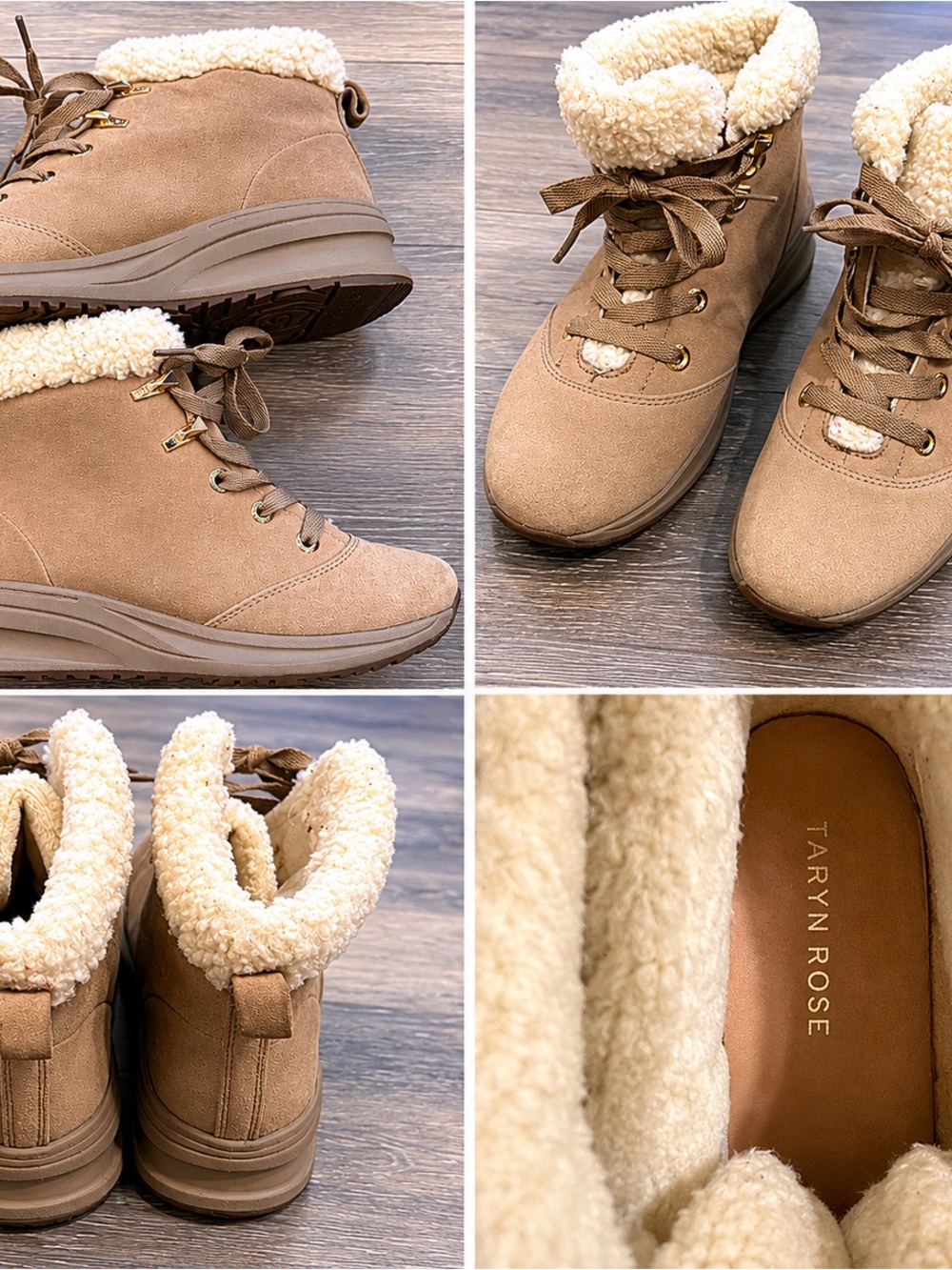 Taryn Rose Taupe Lace-Up Faux Shearling Winter Boots